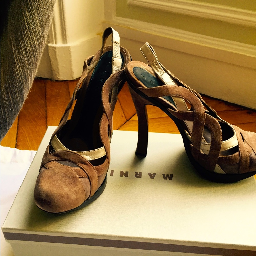 Marni Brown Block Platform Suede Heels Size 9